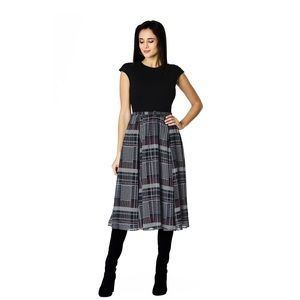 Eshakti Zapelle retro lined plaid black print knit belted midi dress size S